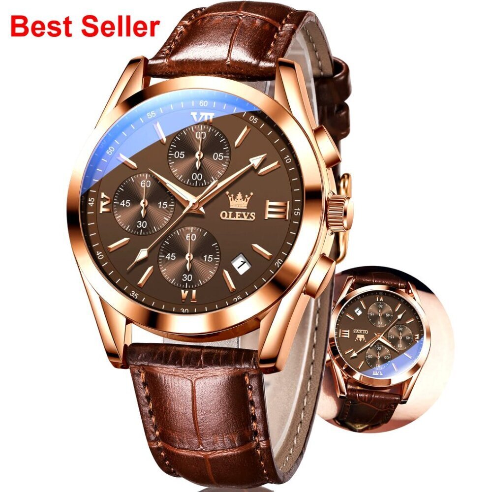 Brown Leather Chronograph Watch with Date Display, Waterproof